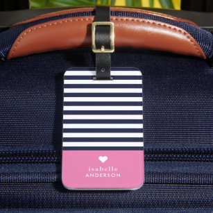 Navy Blue and Pink Chic Stripes Heart Monogram Luggage Tag