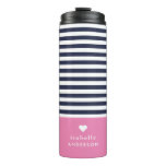 Navy Blue and Pink Chic Stripes Heart Monogram Thermal Tumbler