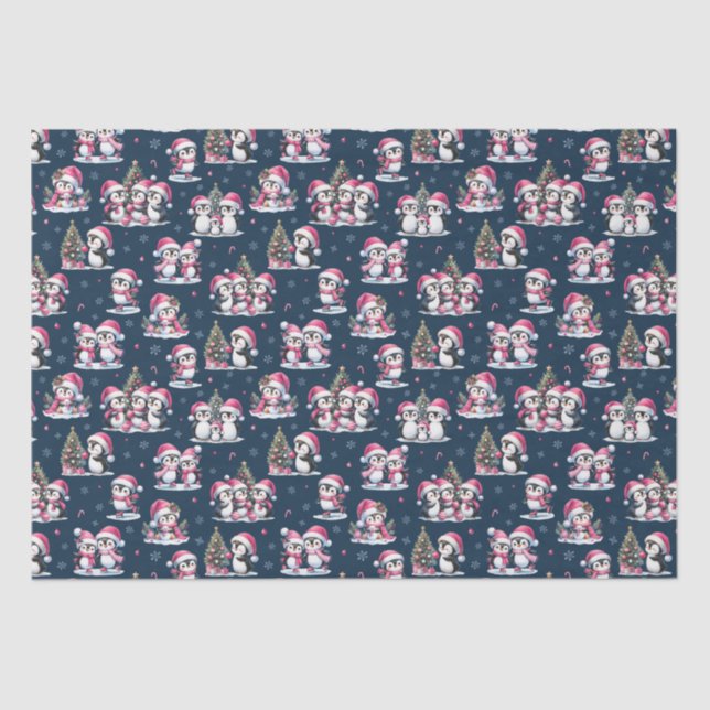 Navy Blue and Pink Cute Penguins Pattern Christmas Tissue Paper (Front)