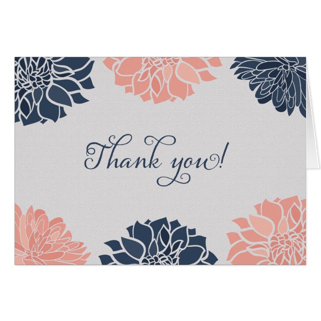 Navy Blue and Pink Dahlia Floral Thank You Card (Front Horizontal)