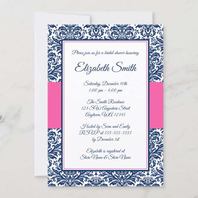Navy Blue and Pink Damask Bridal Shower Invitation (Front)