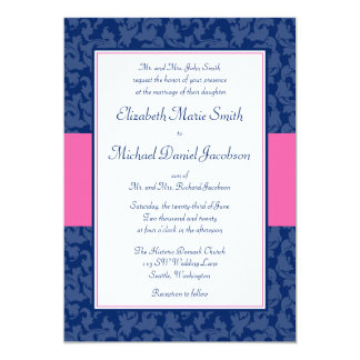 Navy Blue and Pink Damask Swirl Wedding Invitation