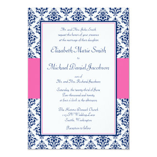 Navy Blue and Pink Damask Wedding Invitations