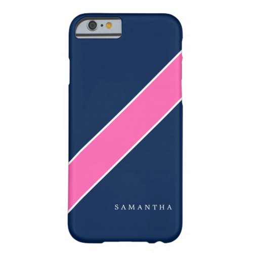 Navy Blue and Pink Diagonal Stripe Personalized Barely There iPhone 6 Case