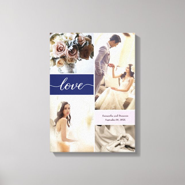 Navy blue and pink elegant Love Wedding Photos Canvas Print (Front)