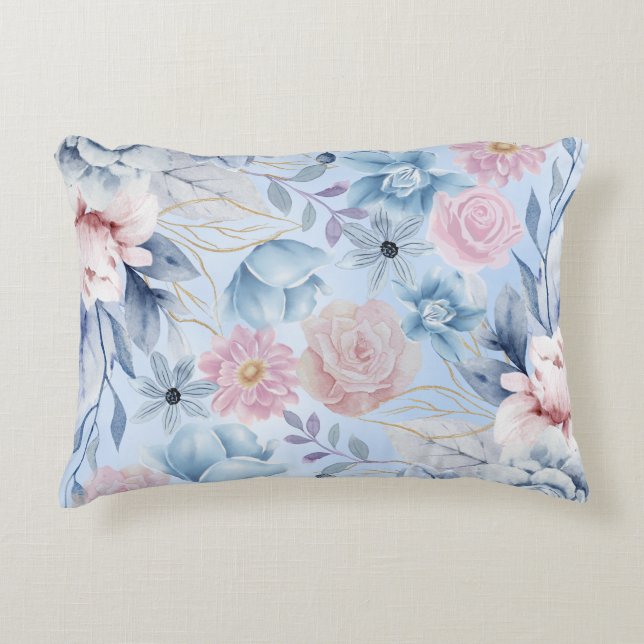 Navy Blue And Pink Floral Accent Pillow (Front)