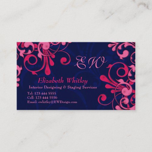 Navy Blue and Pink Floral Business Card Template