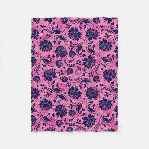 Navy_Blue And Pink Floral Damasks Fleece Blanket