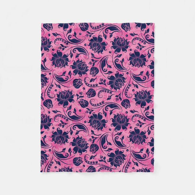 Navy-Blue And Pink Floral Damasks Fleece Blanket (Front)