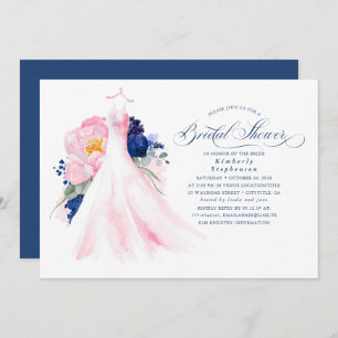 Navy Blue and Pink Floral Dress Bridal Shower Invitation