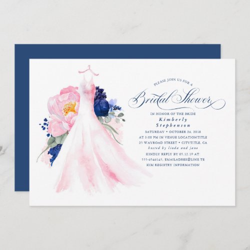 Navy Blue and Pink Floral Dress Bridal Shower Invitation