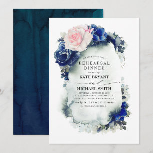 Navy Blue and Pink Floral Modern Rehearsal Dinner Invitation