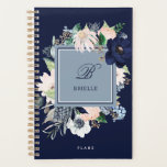 Navy Blue and Pink Floral | Name and Monogram Planner<br><div class="desc">This stylish and beautiful planner features a frame of navy blue,  light blue,  and blush pink nautical colored watercolor flowers with green and neutral beige leaves,  and your name and monogram or initial in the center,  on a dark navy blue background.</div>