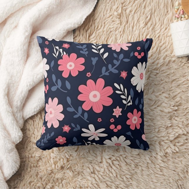 Navy Blue and Pink Floral Paisley Throw Pillow (Blanket)