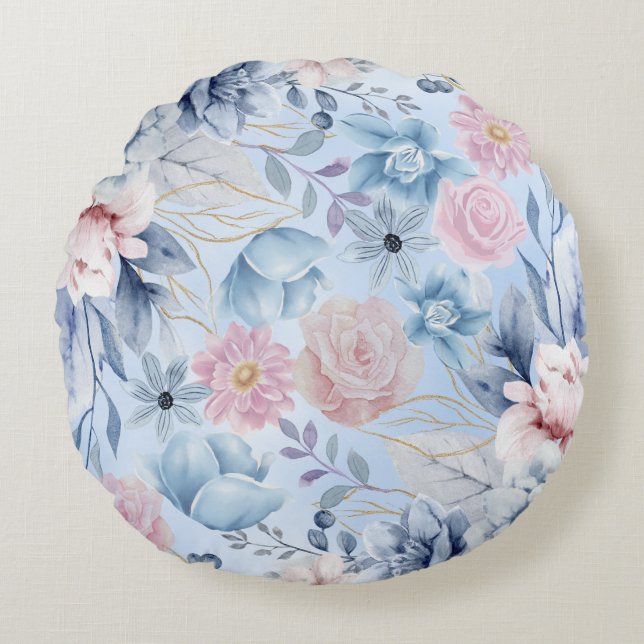 Navy Blue And Pink Floral Round Pillow (Front)