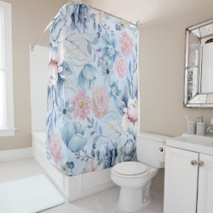 Navy Blue And Pink Floral Shower Curtain