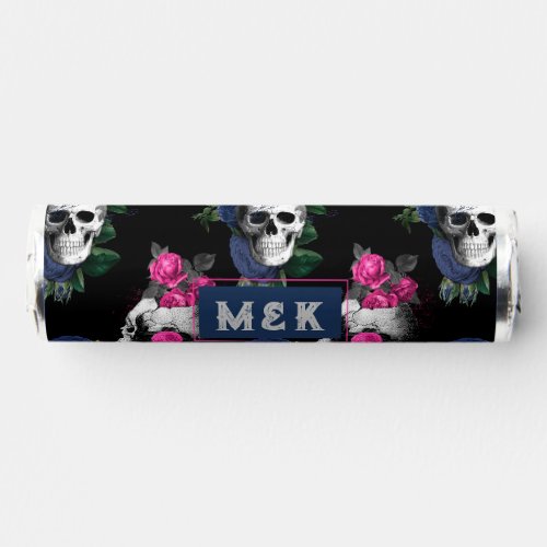 Navy Blue and Pink Floral Skulls Gothic Wedding Breath Savers Mints