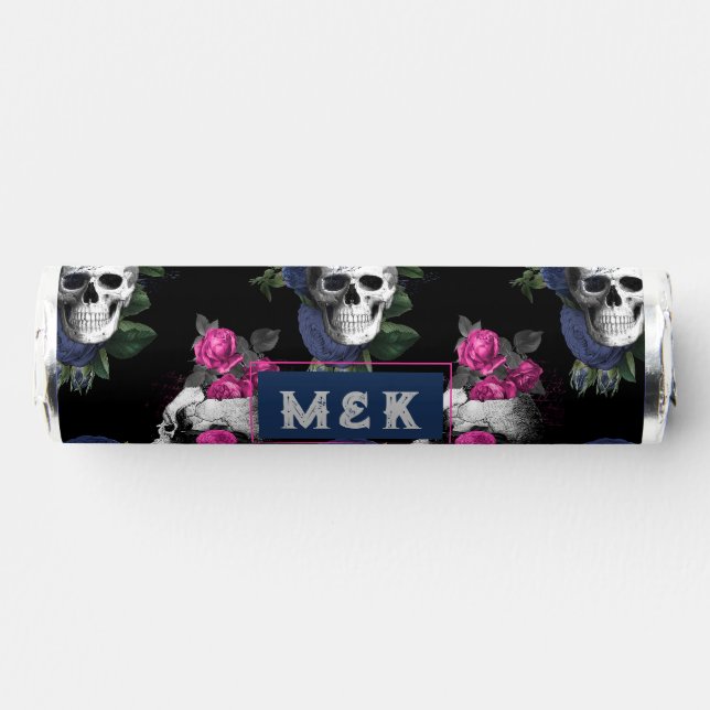 Navy Blue and Pink Floral Skulls Gothic Wedding Breath Savers® Mints (Front)