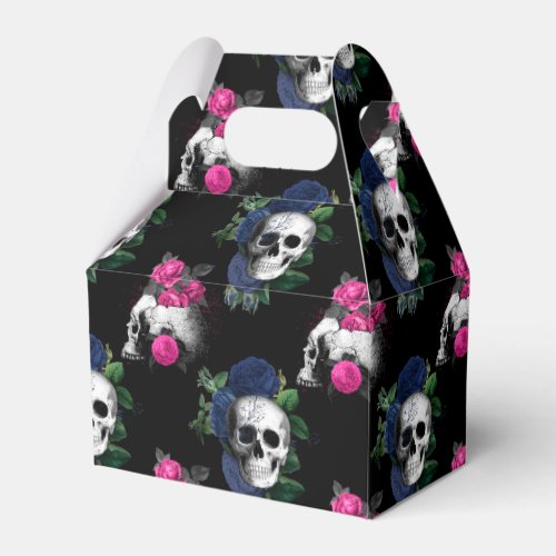 Navy Blue and Pink Floral Skulls Gothic Wedding Favor Boxes