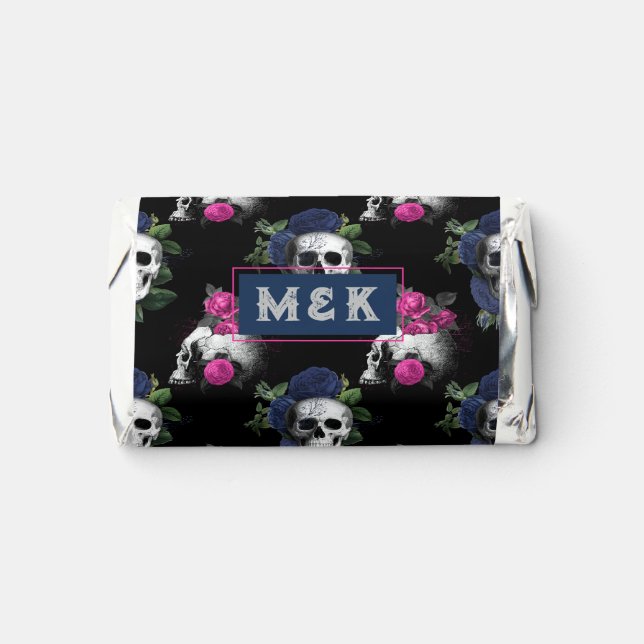 Navy Blue and Pink Floral Skulls Gothic Wedding Hershey's Miniatures (Front)