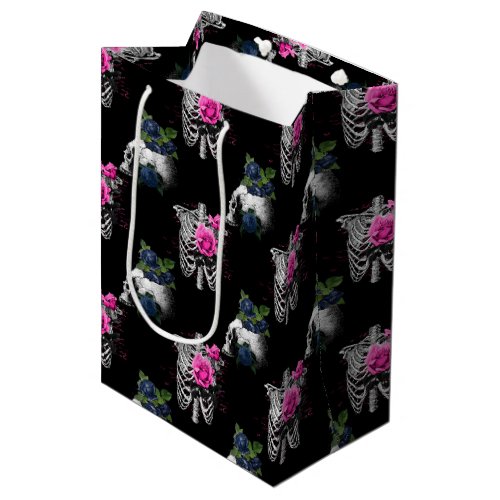 Navy Blue and Pink Floral Skulls Gothic Wedding Medium Gift Bag