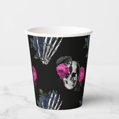 Navy Blue and Pink Floral Skulls Gothic Wedding Paper Cups