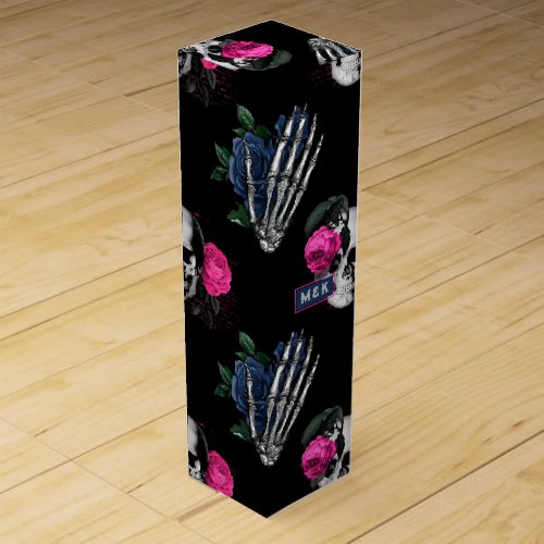 Navy Blue and Pink Floral Skulls Gothic Wedding Wine Box