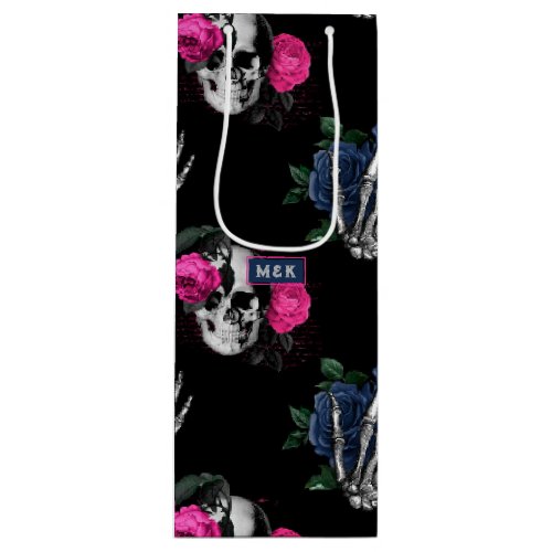 Navy Blue and Pink Floral Skulls Gothic Wedding Wine Gift Bag