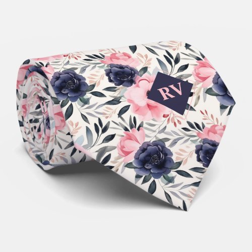 Navy Blue and Pink Floral Watercolor Neck Tie