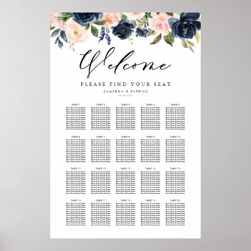 Navy Blue and Pink Floral Wedding Seating Chart