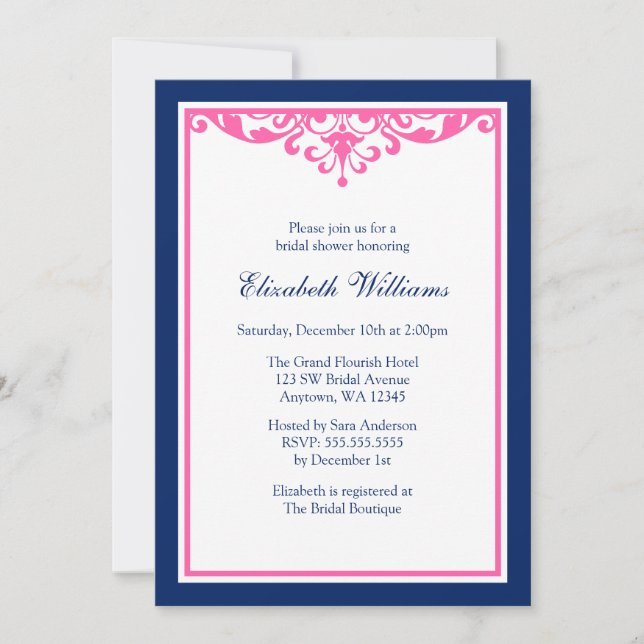 Navy Blue and Pink Flourish Bridal Shower Invitation (Front)