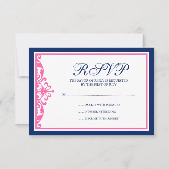 Navy Blue and Pink Flourish Response Card (Front)
