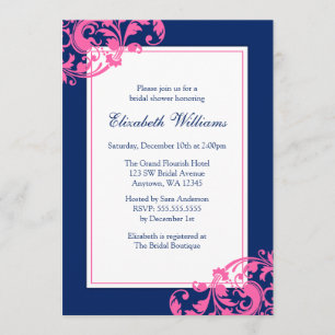 Navy Blue and Pink Flourish Swirls Bridal Shower Invitation