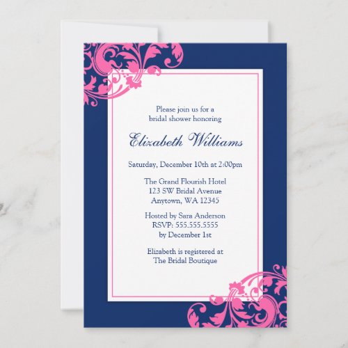 Navy Blue and Pink Flourish Swirls Bridal Shower Personalized Invites