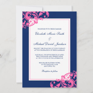 Navy Blue and Pink Flourish Swirls Wedding Invitation