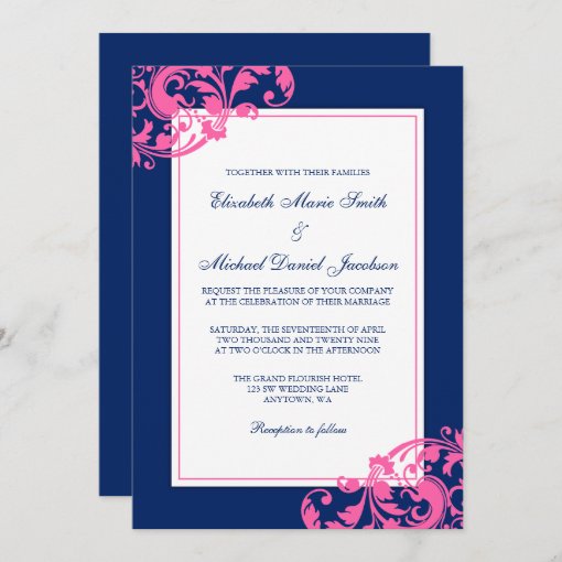 Navy Blue and Pink Flourish Swirls Wedding Invitation | Zazzle