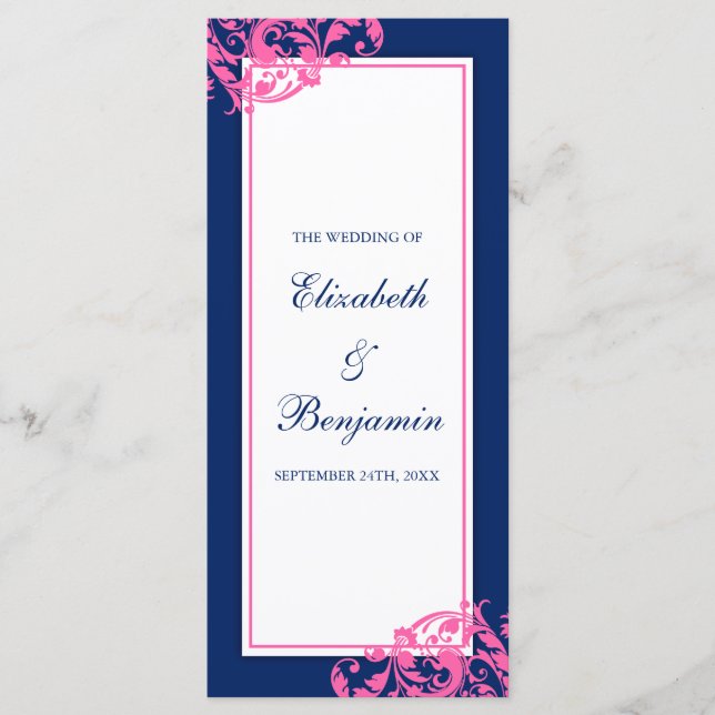 Navy Blue and Pink Flourish Swirls Wedding Program (Front)