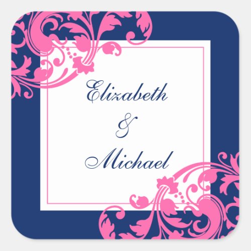 Navy Blue and Pink Flourish Swirls Wedding Square Sticker