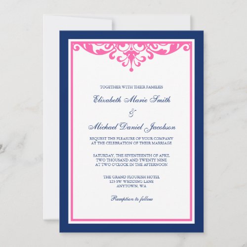 Navy Blue and Pink Flourish Wedding Invitations