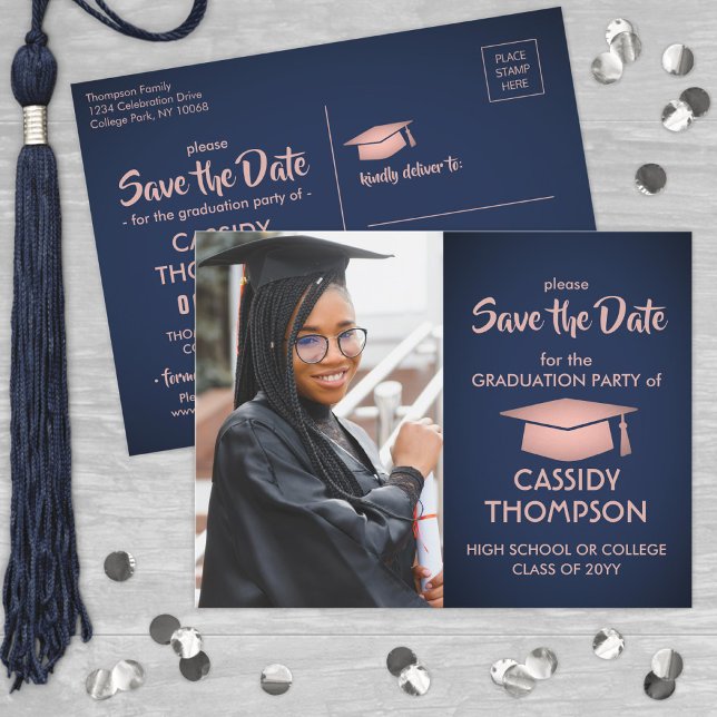 Navy Blue and Pink Graduation Photo Save the Date Postcard (Creator Uploaded)