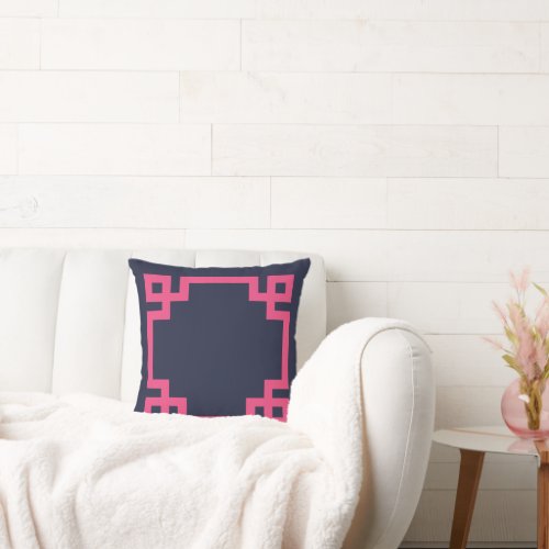 Navy Blue and Pink Greek Key Border Throw Pillow