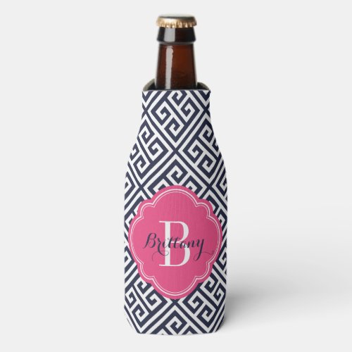 Navy Blue and Pink Greek Key Monogram Bottle Cooler