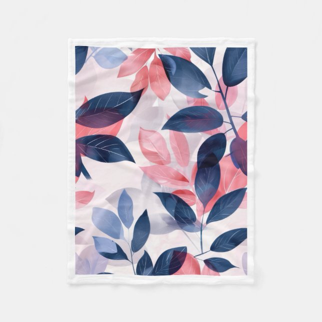 Navy Blue and Pink Leaf Pattern Fleece Blanket (Front)