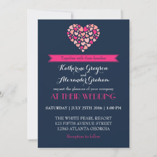 Navy Blue and Pink Love Heart Wedding Invitation
