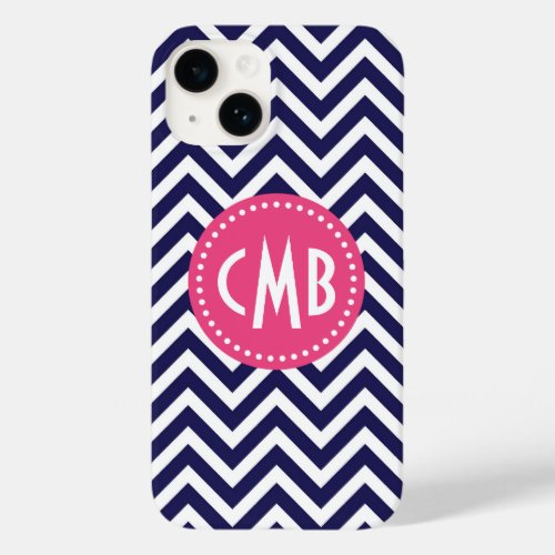 Navy Blue and Pink Modern Chevron Custom Monogram Case_Mate iPhone 14 Case