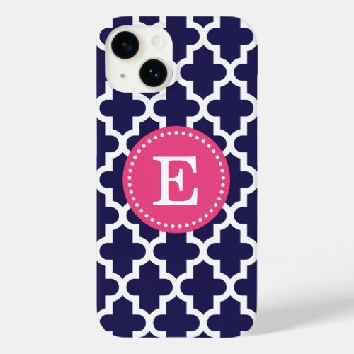 Navy Blue and Pink Modern Moroccan Monogram Case_Mate iPhone 14 Case