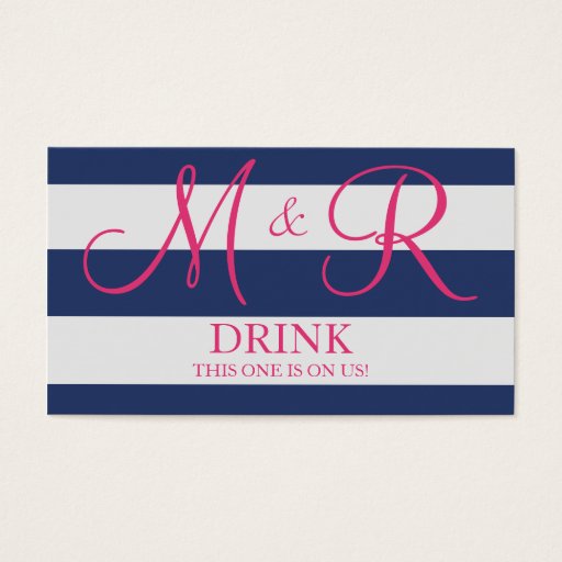 Customizable Navy Blue and Pink Monogram Wedding Drink Ticket Business Card Template