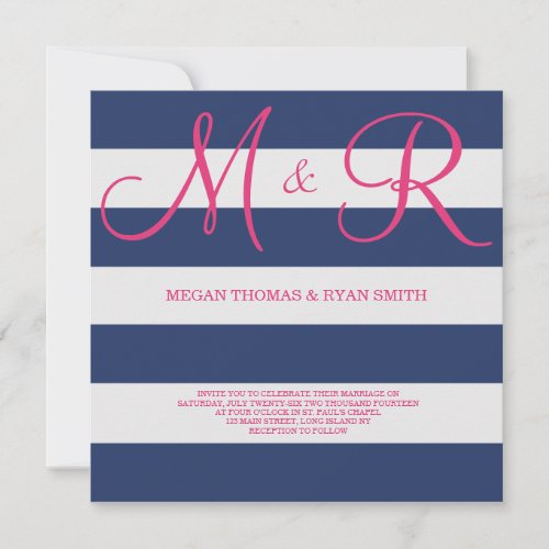Navy Blue and Pink Monogram Wedding Invitation