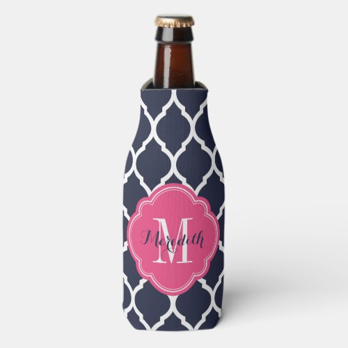 Navy Blue and Pink Moroccan Quatrefoil Monogram Bottle Cooler