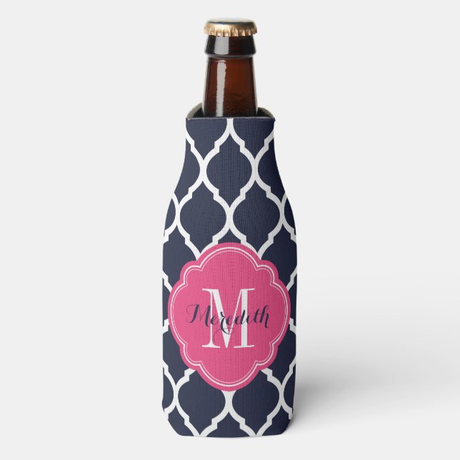 Navy Blue and Pink Moroccan Quatrefoil Monogram Bottle Cooler (Bottle Front)